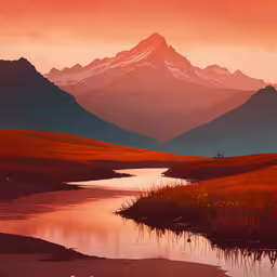 a mountain range with water in front of it,a river is near a mountain range