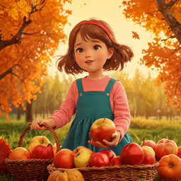 the girl is carrying apples in a basket,an animated picture shows a little girl holding apples