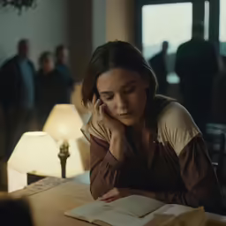 a woman reading a book while looking down at her phone