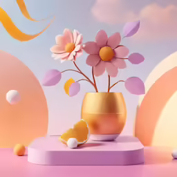 a vase with flowers on a pink surface