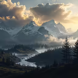 mountains with trees and a river in the foreground