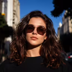 the young woman in sunglasses is posing for the camera