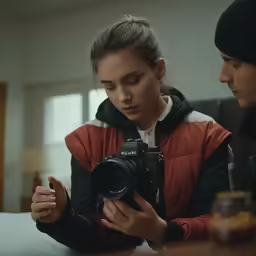 woman holding camera while another holds cell phone