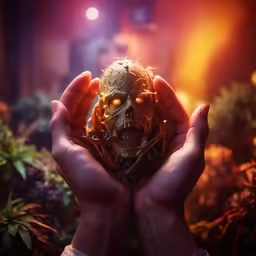 a hand holding a mask in front of a light