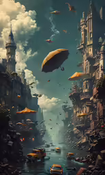 a painting that resembles an image of a city with buildings, flying cars, and huge umbrellas