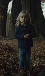 a little girl stands in leaves on the ground