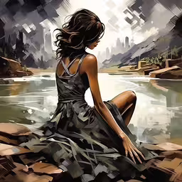 woman sitting by the water on rocks, artistic art,a woman sitting by a river, with her legs in the water