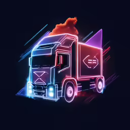 colorful truck driving around a corner in the night