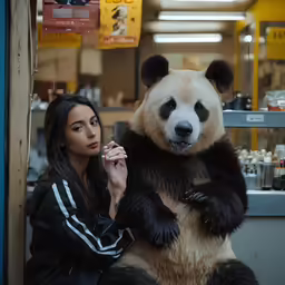 a woman is standing in front of a panda