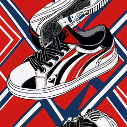 a pair of sneakers in red and blue with white stripes,two sneakers with a multicolor striped background