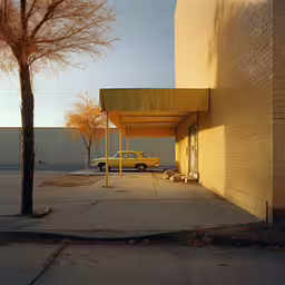 there is a yellow car parked in front of a building,a yellow car parked in front of a building