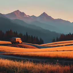 a bus travels down a lonely road in front of a mountain range,an old school truck on the road passing through some tall grass