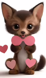 a little chihuahua holding pink paper heart shapes