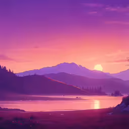 this is a lake that is lit by a sunset,the sun is rising behind the mountains at dusk
