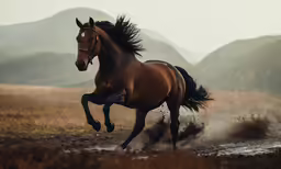 a horse runs through the mud in front of mountains
