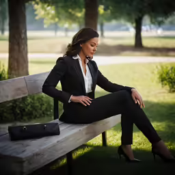 a woman in a suit sitting on a bench