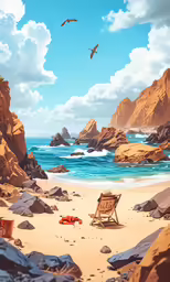 a beach with a lone chair in the sand near the ocean