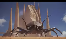 the creature like animal is in front of some mountains