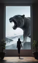 a woman looks into the window as she walks past a large tiger that is standing on top of a hill
