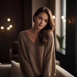 a woman wearing a tan sweater in a dark room