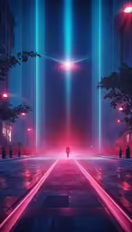 a person walks down a city street with bright neon lights