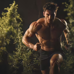 a man running through bushes while holding his hand on his hip