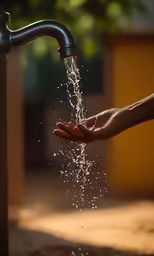 the hand is spraying water onto the hands
