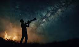 a man holding a horn in the night sky