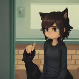 anime girl wearing black outfit sitting down with black cats on her head