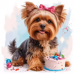 a dog poses next to a birthday cake