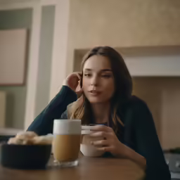 a woman holding a cup of coffee looks at her phone