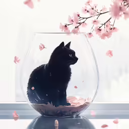 the black cat has its head inside of a glass