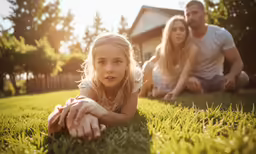 a girl and a man laying in the grass