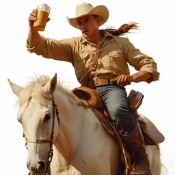 man with hat on sitting on a white horse and drinking a drink