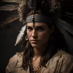 the woman with feather headdress is standing in front of a black background