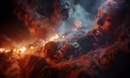 a man holds onto another person in a fire