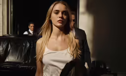 a woman stands near a man and a black leather couch