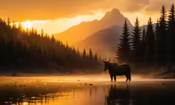 a single cow standing by the water at sunset