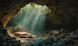 a rhino lies in the sunbeams in a cave