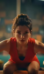 woman squatting on a table looking at camera