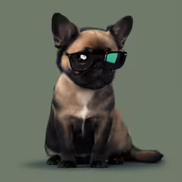 a dog wearing sunglasses and sitting on the ground