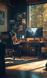 a child sitting in front of a computer desk
