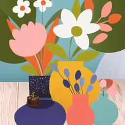 colorful vases and flowers sitting on wooden floors against a wall