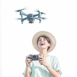 a woman wearing a hat and taking a picture with her camera with a remote controlled flying device in the sky