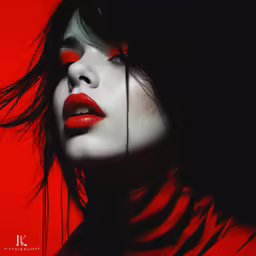 a woman with bright red lipstick and a dark background