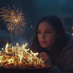 woman looking into fire with a laptop computer on her lap
