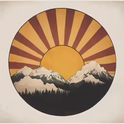 an abstract circle with sun over the mountain range