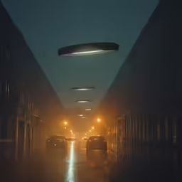 cars driving through a foggy street during the night