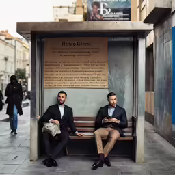 two businessmen sitting on a bench with their phones