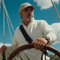 the man has his arm on the steering wheel